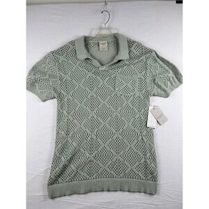 Massive Luxury NYC Mens Sage Green Knit Crochet Polo Shirt Short Sleeve Medium